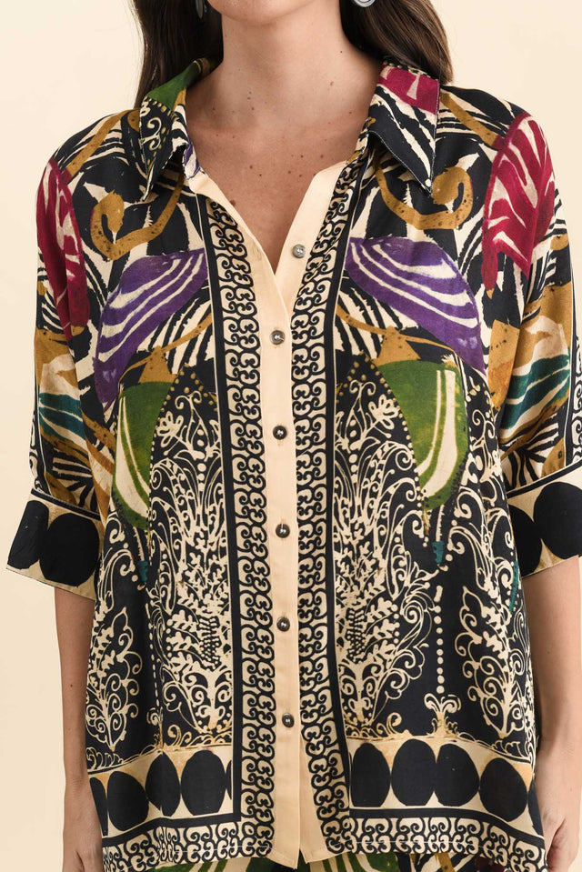 Gaulina Green Mosaic Button Shirt,Brunette model,alt text|model:MJ image 6