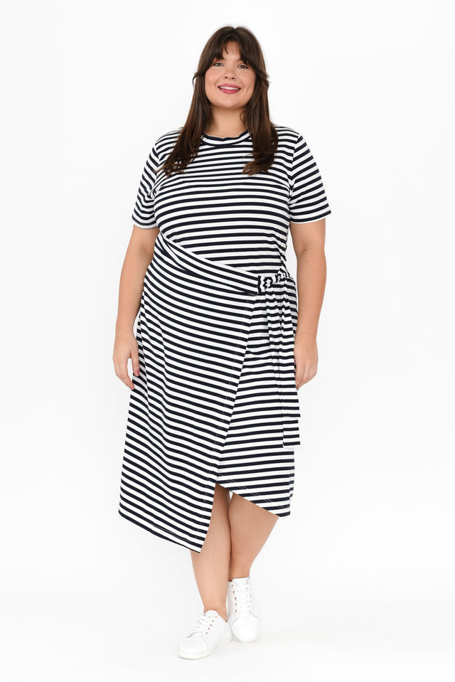 Georgie Navy Stripe Wrap Cotton Tee Dress,Brunette model,alt text|model:Gabby image 11