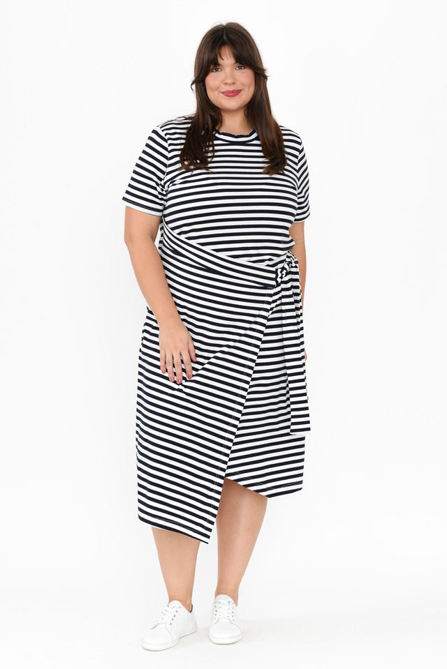 Georgie Navy Stripe Wrap Cotton Tee Dress,Brunette model,alt text|model:Gabby image 8