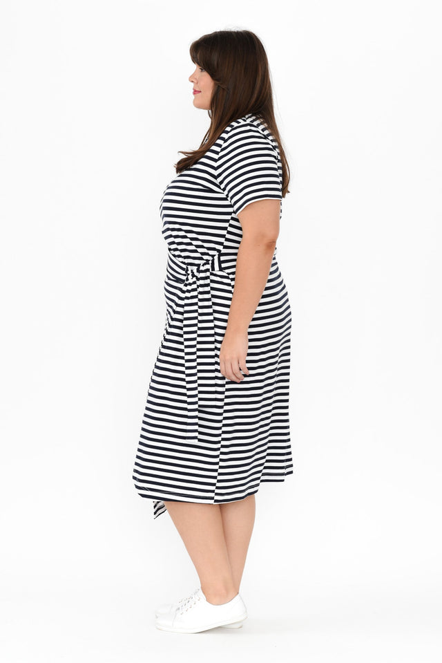 Georgie Navy Stripe Wrap Cotton Tee Dress,Brunette model,alt text|model:Gabby image 9