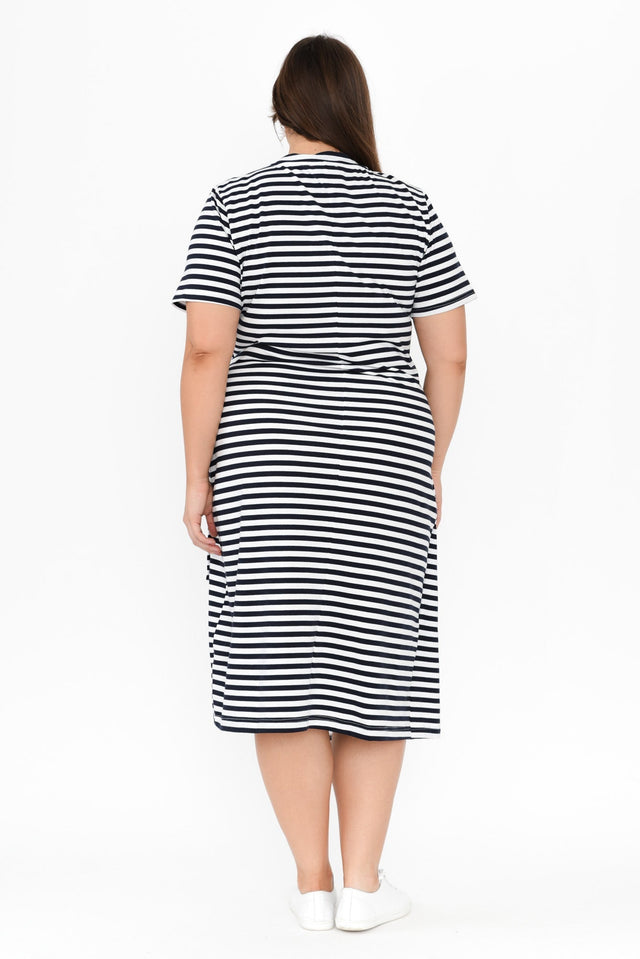 Georgie Navy Stripe Wrap Cotton Tee Dress,Brunette model,alt text|model:Gabby image 10