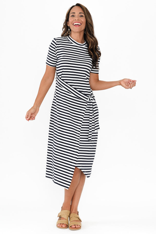 Georgie Navy Stripe Wrap Cotton Tee Dress,Brunette model,alt text|model:Nicole image 4