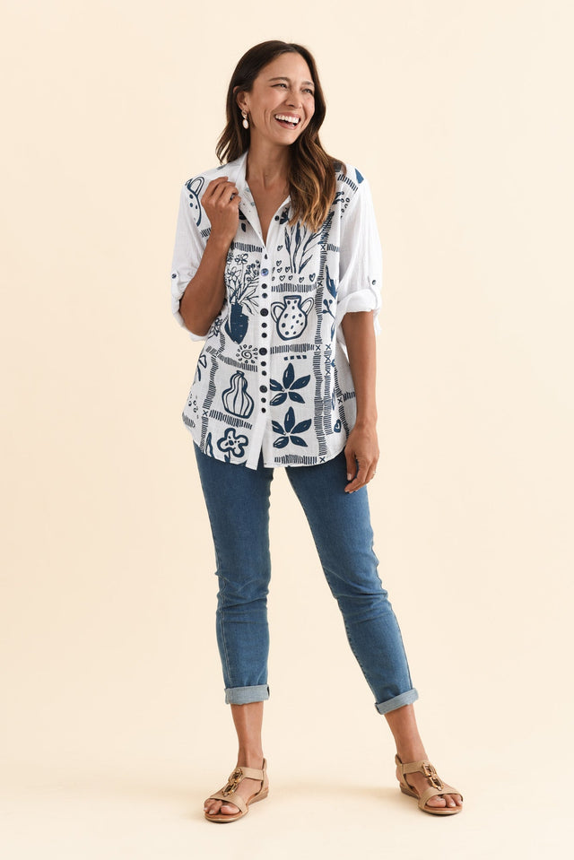 Georgina Blue Tile Cotton Shirt,Brunette model,alt text|model:Cara image 8