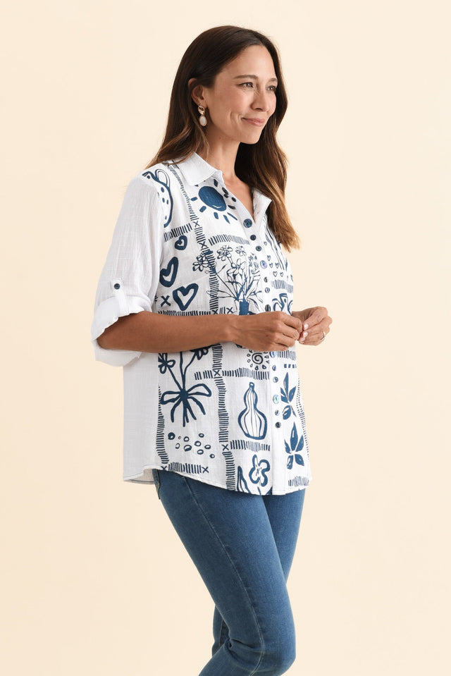 Georgina Blue Tile Cotton Shirt,Brunette model,alt text|model:Cara image 5