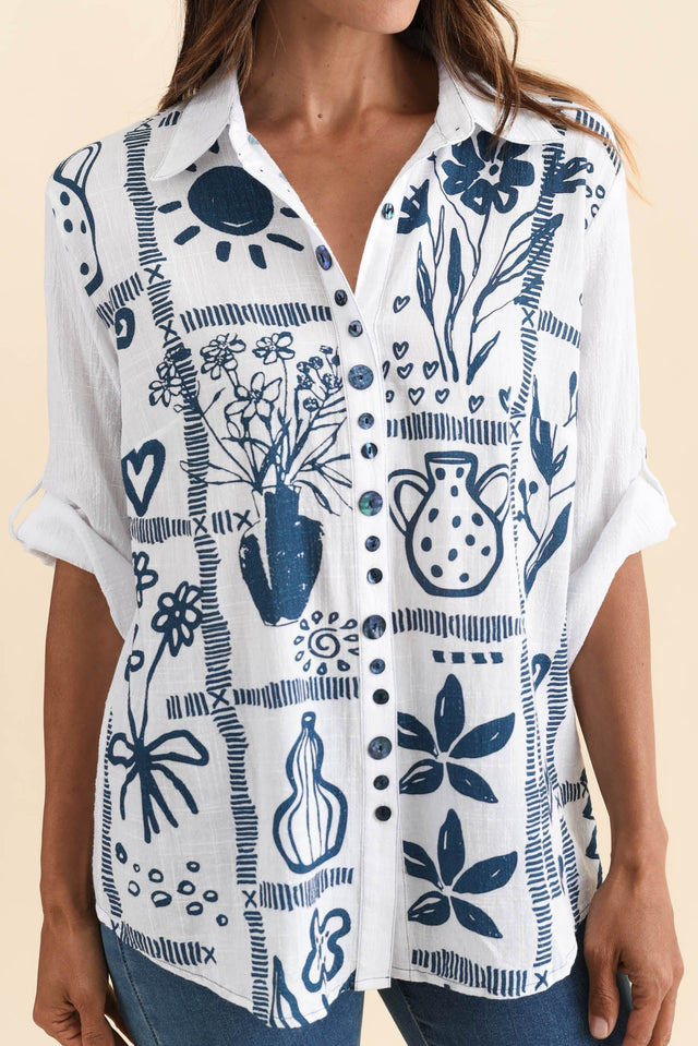Georgina Blue Tile Cotton Shirt,Brunette model,alt text|model:Cara image 7