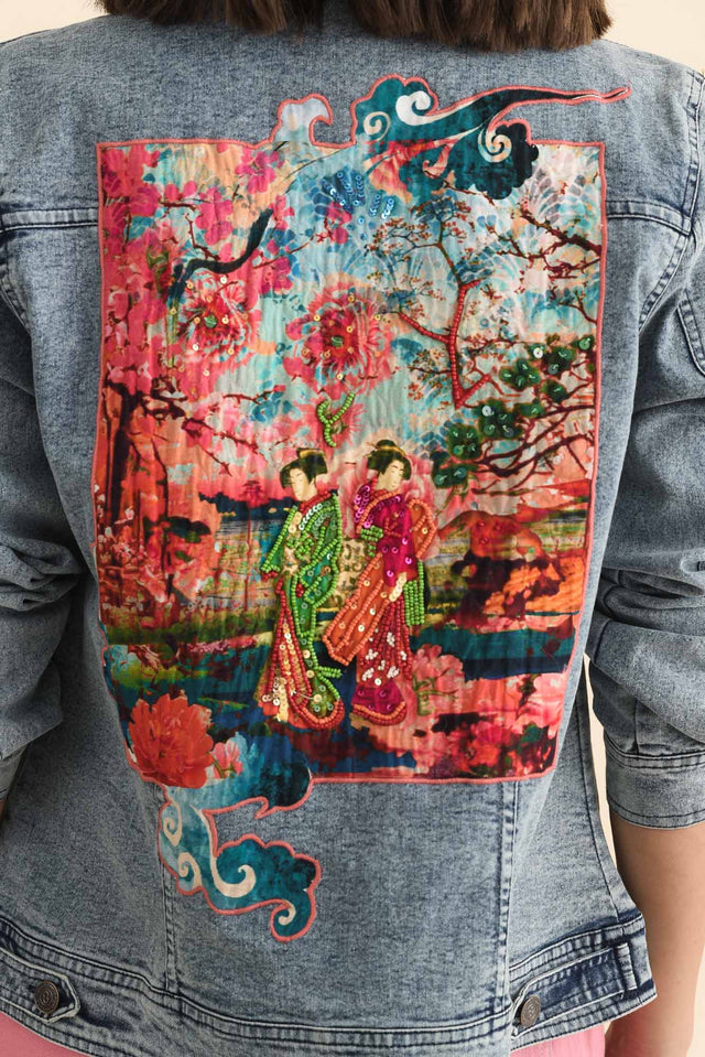 Gerri Pink Garden Denim Jacket,Brunette model,alt text|model:MJ image 6