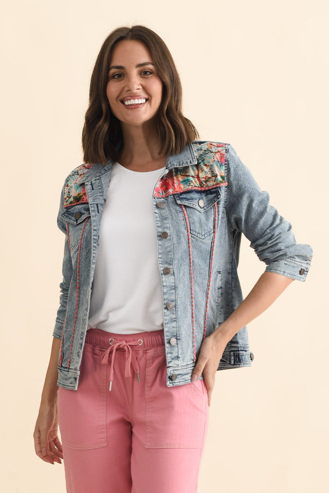 Gerri Pink Garden Denim Jacket,Brunette model,alt text|model:MJ image 1