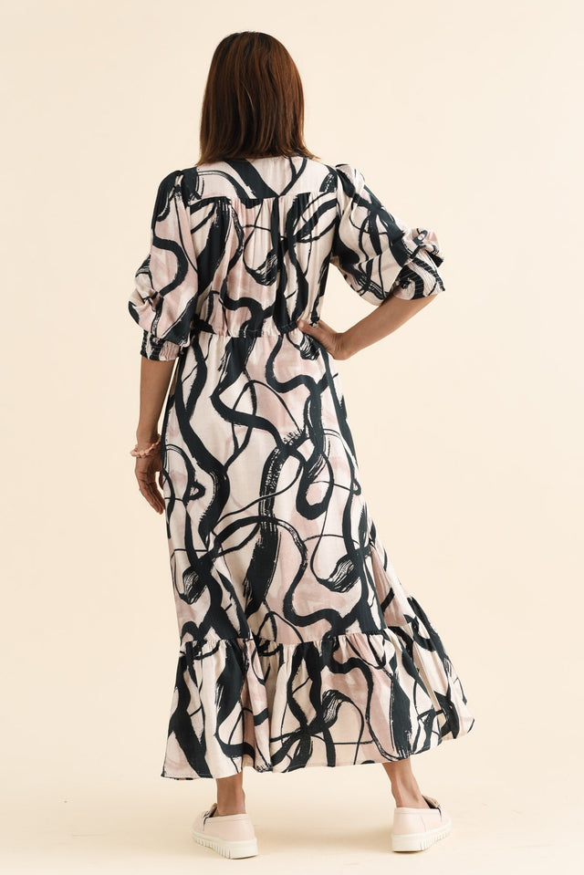 Gilda Black Brush Stroke Tie Dress,brunette model,Back of Outfit,alt text|model:Cara image 4