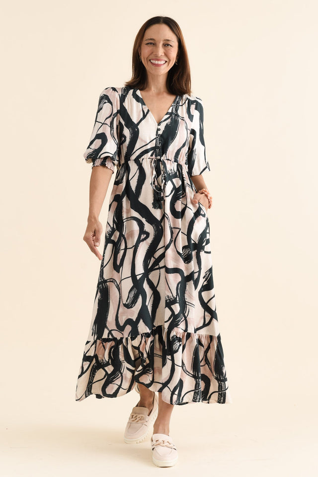 Gilda Black Brush Stroke Tie Dress,brunette model,Full Outfit,alt text|model:Cara image 6