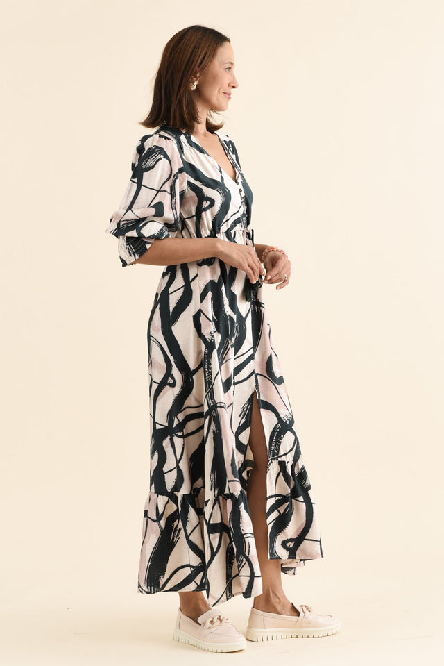 Gilda Black Brush Stroke Tie Dress,brunette model,Side of Outfit,alt text|model:Cara image 3