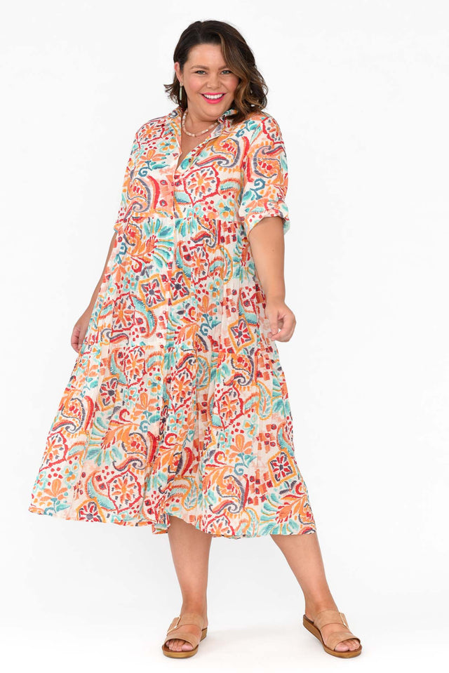 Giza Orange Abstract Organic Cotton Collared Dress,plus-size,curve-dresses,plus-size-sleeved-dresses,plus-size-below-knee-dresses,plus-size-midi-dresses,plus-size-cotton-dresses,plus-size-summer-dresses
