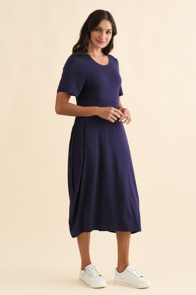 Glenda Navy Short Sleeve Crescent Dress,Brunette model,alt text|model:Brontie image 5