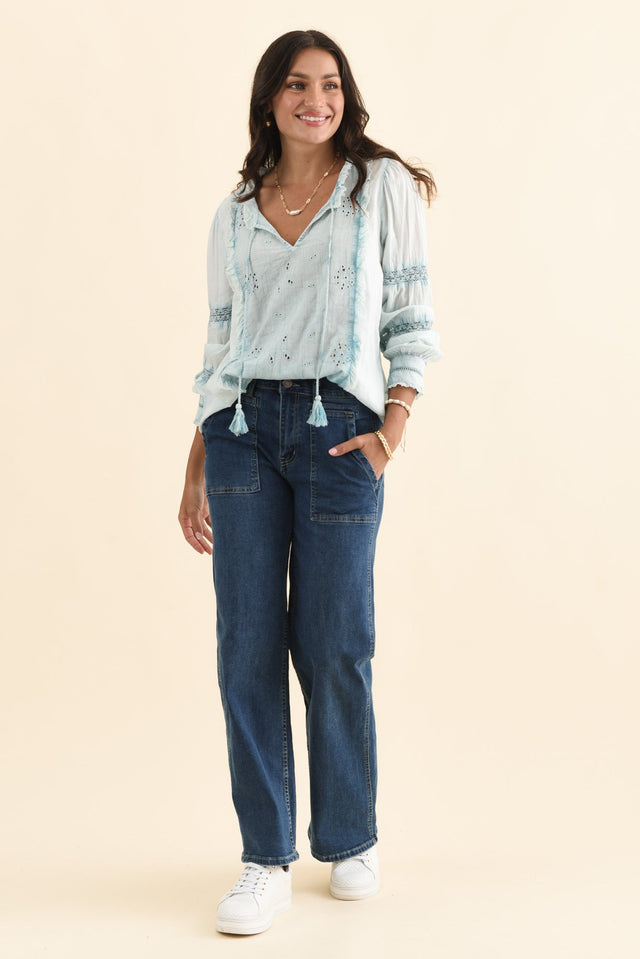 Gloria Blue Embroidered Cotton Top,Brunette model,alt text|model:Brontie image 7