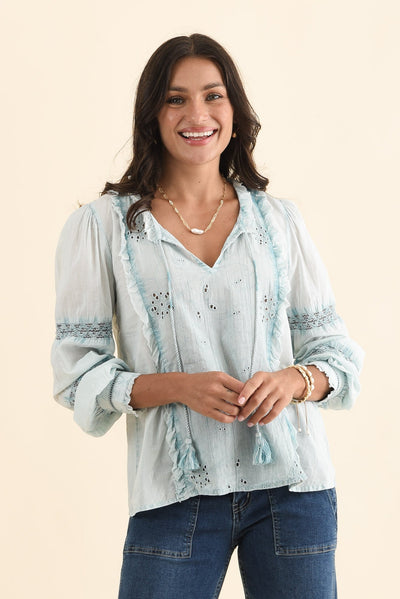 Gloria Blue Embroidered Cotton Top