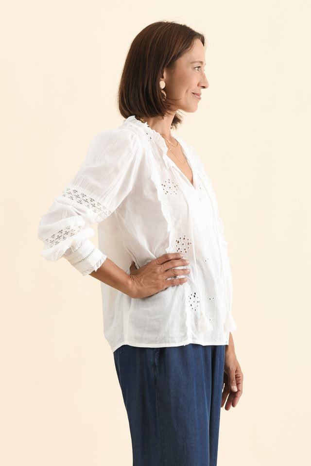 Gloria White Embroidered Cotton Top,Brunette model,alt text|model:Cara image 4