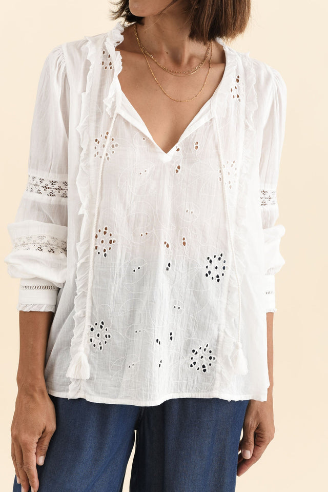 Gloria White Embroidered Cotton Top,Brunette model,alt text|model:Cara image 6
