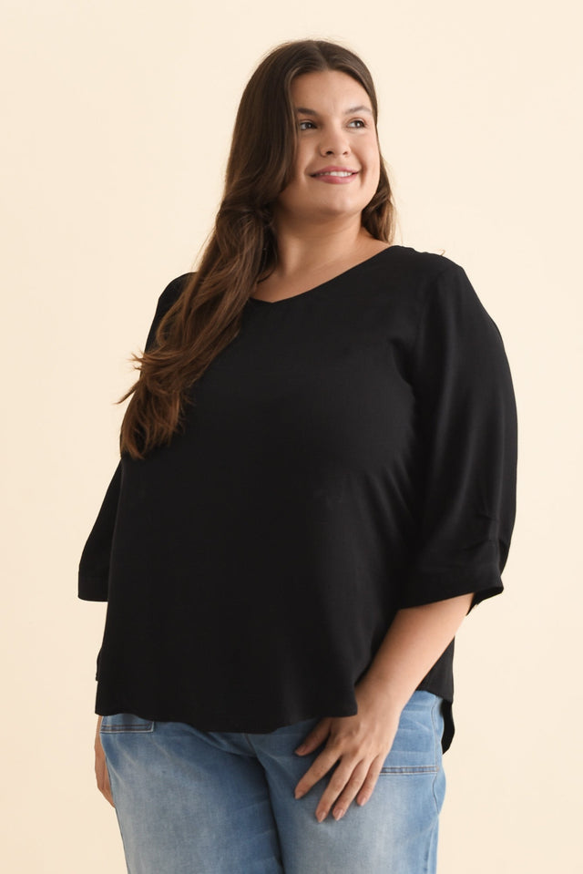 Gomez Black Button Top,Brunette model,plus-size,curve-basics,curve-tops,plus-size-sleeved-tops,plus-size-linen-tops,plus-size-basic-tops,plus-size-work-edit,alt text|model:Gabby image 9