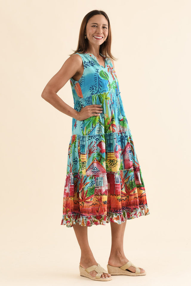 Gordo Blue Vista Cotton Sleeveless Dress,Side,Brunette model,alt text|model:Cara image 3