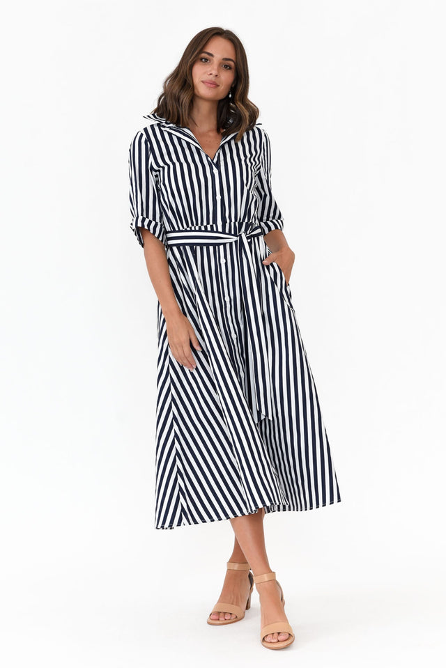 Grace Navy Stripe Cotton Poplin Dress alt text|model:MJ