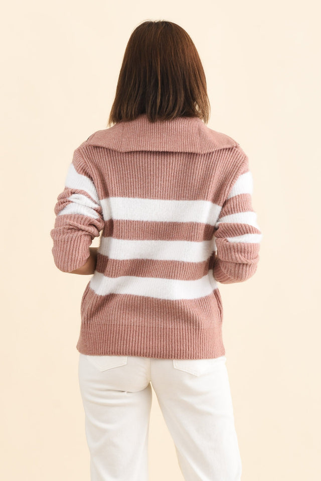 Gracie Pink Stripe Half Zip Knit Jumper,Brunette model,alt text|model:Cara image 5