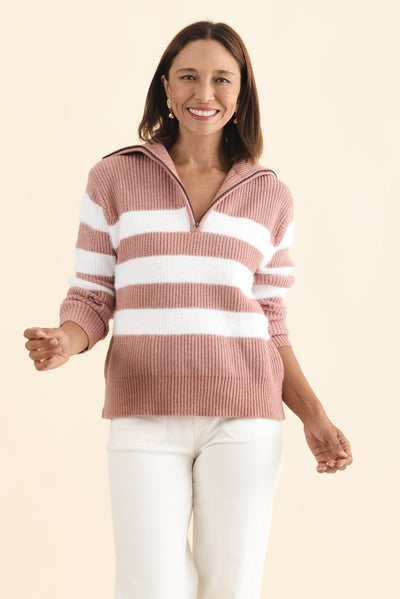 Gracie Pink Stripe Half Zip Knit Jumper