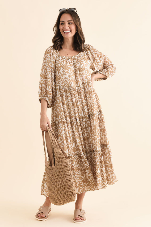Grenadine Taupe Motif Cotton Dress,Front,Brunette model,alt text|model:MJ image 1