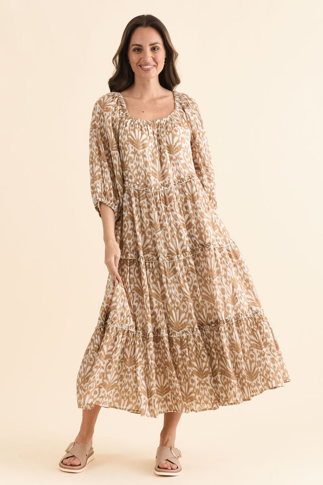 Grenadine Taupe Motif Cotton Dress,Full Body,Brunette model,alt text|model:MJ image 2
