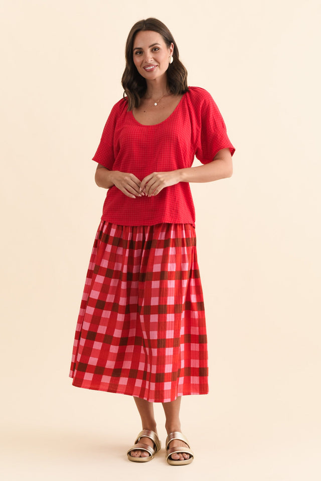 Grove Red Check Cotton Blend Top,Brunette model,alt text|model:MJ image 8