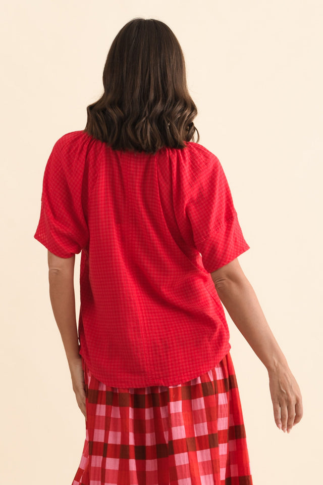 Grove Red Check Cotton Blend Top,Brunette model,alt text|model:MJ image 6