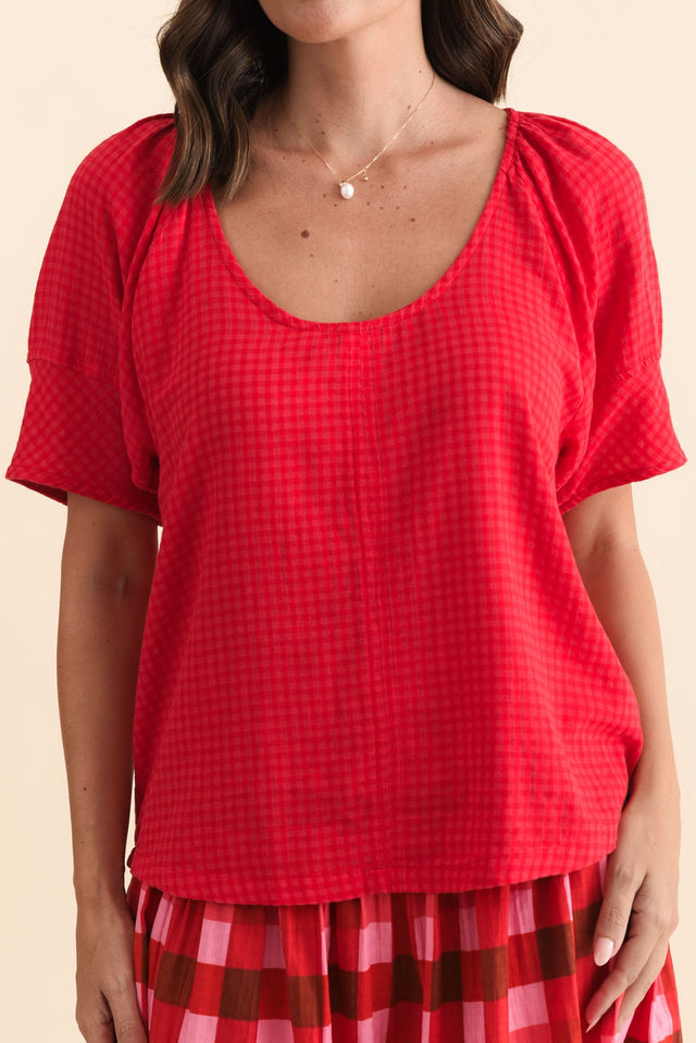Grove Red Check Cotton Blend Top,Brunette model,alt text|model:MJ image 7