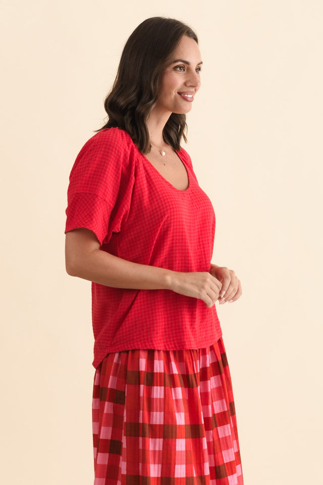 Grove Red Check Cotton Blend Top,Brunette model,alt text|model:MJ image 5