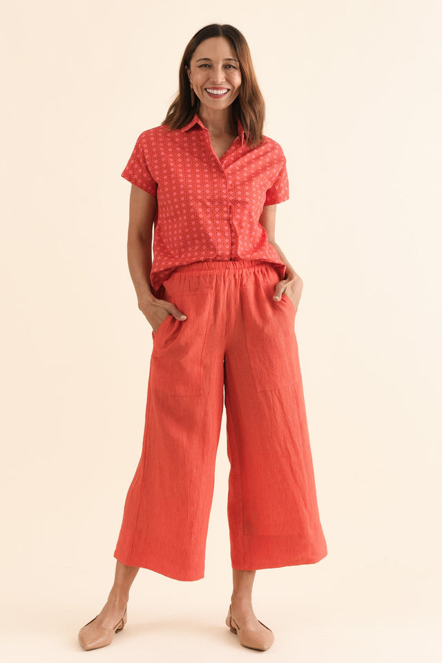 Balfour Orange Stripe Linen Pants,Full Body,Brunette model,alt text|model:Cara