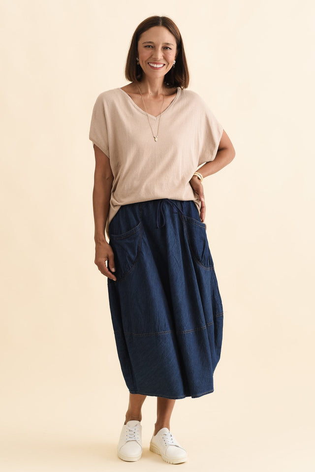 Gwen Blue Denim Pocket Skirt,Brunette model,alt text|model:Cara image 3