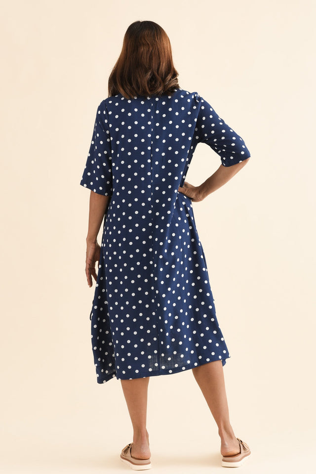 Hailee Navy Spot Linen Cotton Dress,Back,Brunette model,alt text|model:Cara image 4