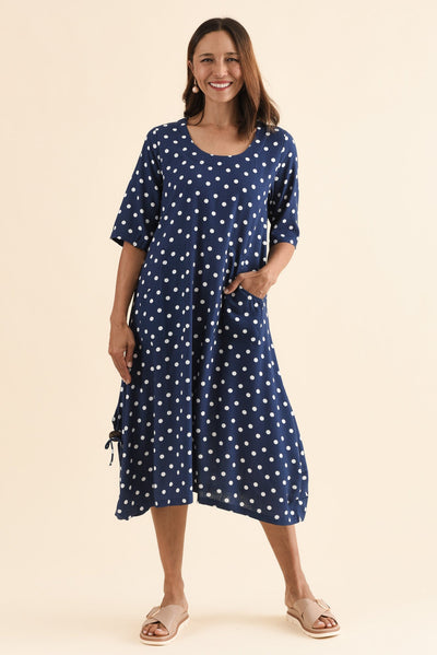 Hailee Navy Spot Linen Cotton Dress