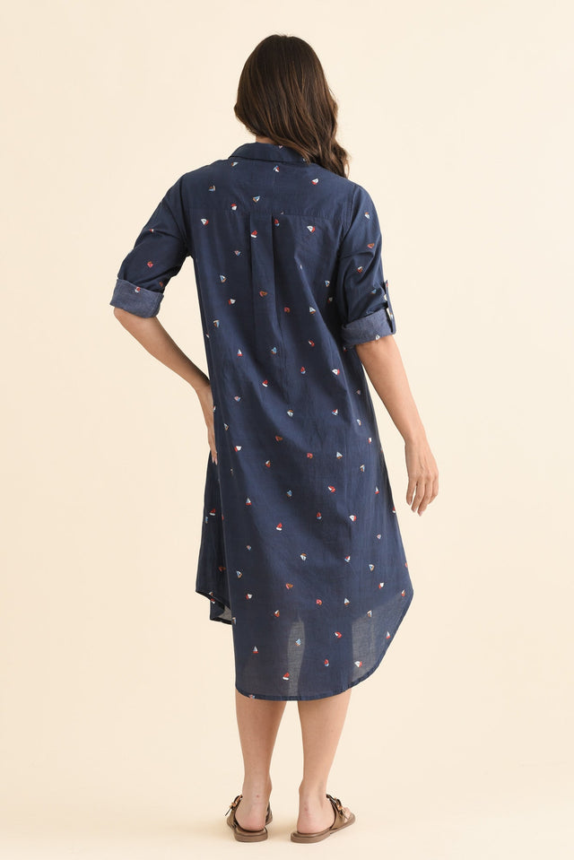 Hailey Navy Nautical Cotton Button Kaftan,Back,Brunette model,alt text|model:MJ image 4