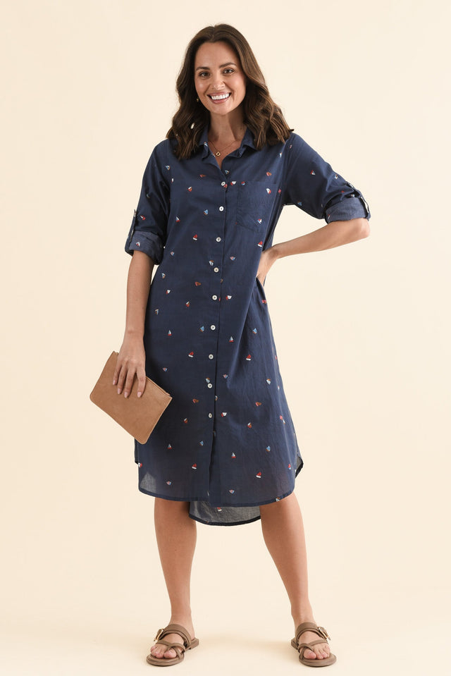 Hailey Navy Nautical Cotton Button Kaftan,Front,Brunette model,alt text|model:MJ