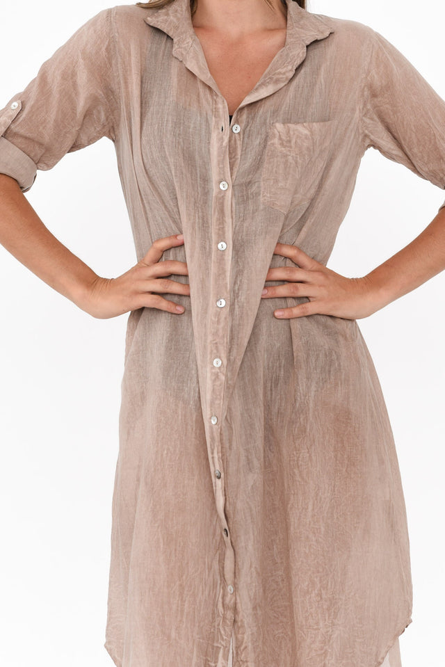 Hailey Taupe Cotton Button Kaftan,Brunette model,alt text|model:Johanna image 6