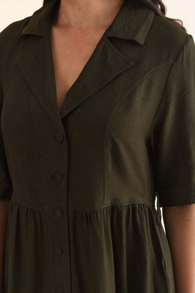 Hamlin Olive Collared Tie Dress,Detail,Brunette model,alt text|model:Brontie image 5