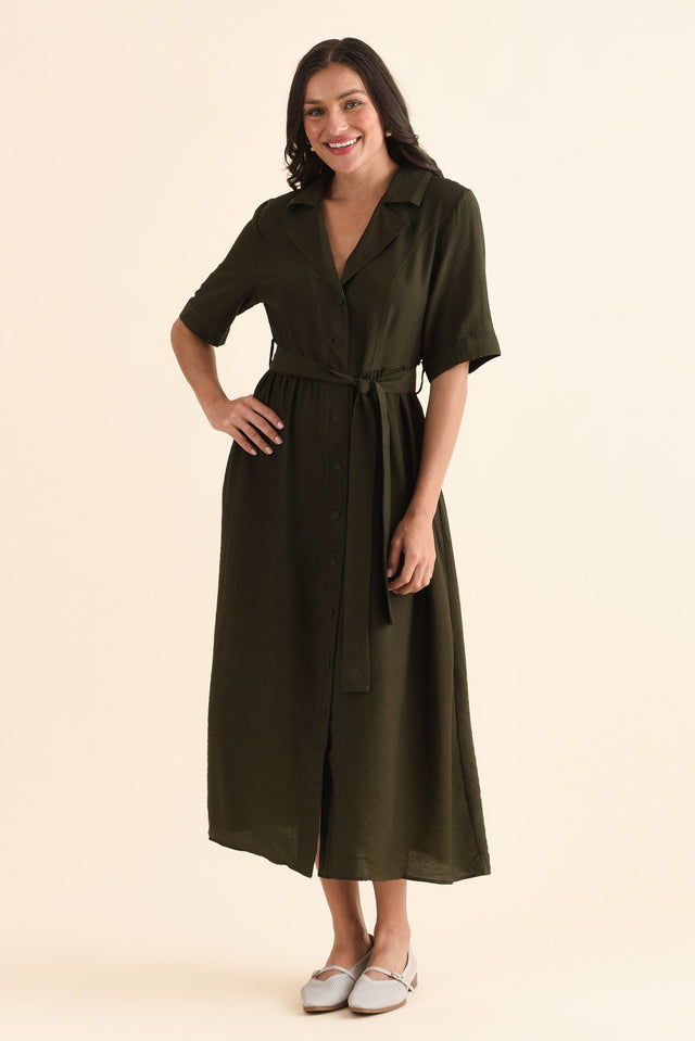 Hamlin Olive Collared Tie Dress,Full Body,Brunette model,alt text|model:Brontie