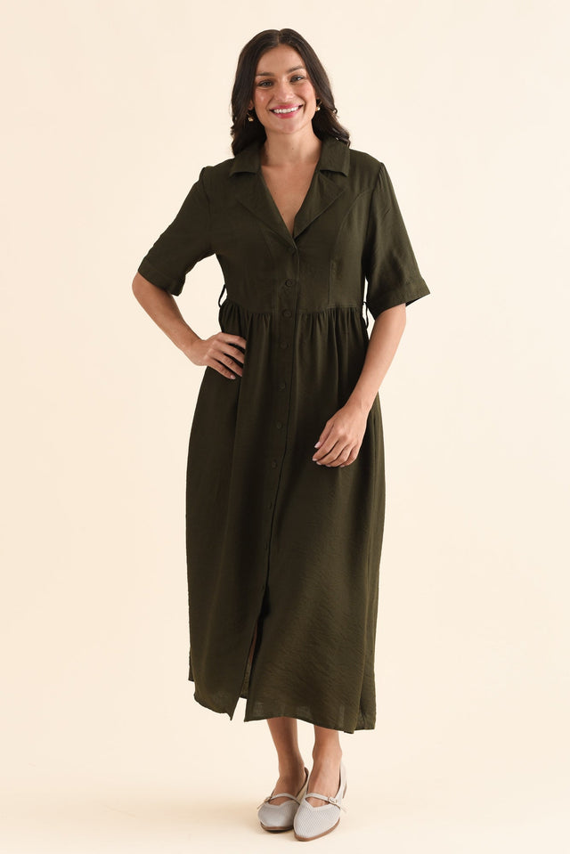 Hamlin Olive Collared Tie Dress,Full Body,Brunette model,alt text|model:Brontie image 6