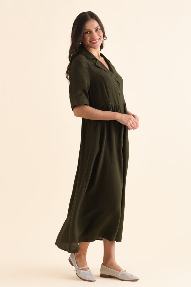 Hamlin Olive Collared Tie Dress,Side,Brunette model,alt text|model:Brontie image 3