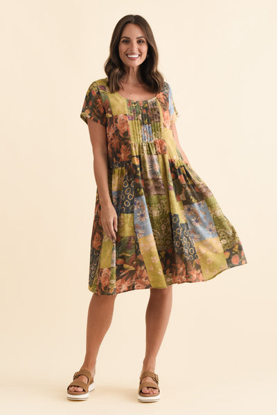 Hanoi Green Mosaic Cotton Blend Dress