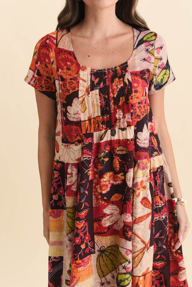 Hanoi Red Mosaic Cotton Blend Dress,Brunette model,alt text|model:MJ image 6