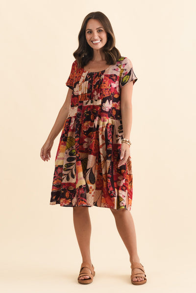 Hanoi Red Mosaic Cotton Blend Dress