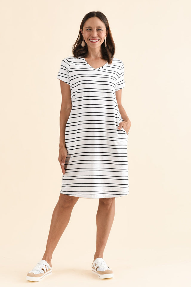Harley White Stripe Cotton Tee Dress,Full Body,Brunette model,alt text|model:Cara image 6