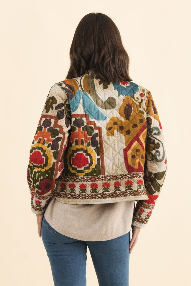 Harmony Taupe Abstract Quilted Cotton Jacket,Brunette model,alt text|model:MJ image 5