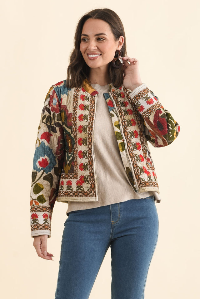 Harmony Taupe Abstract Quilted Cotton Jacket,Brunette model,alt text|model:MJ image 1