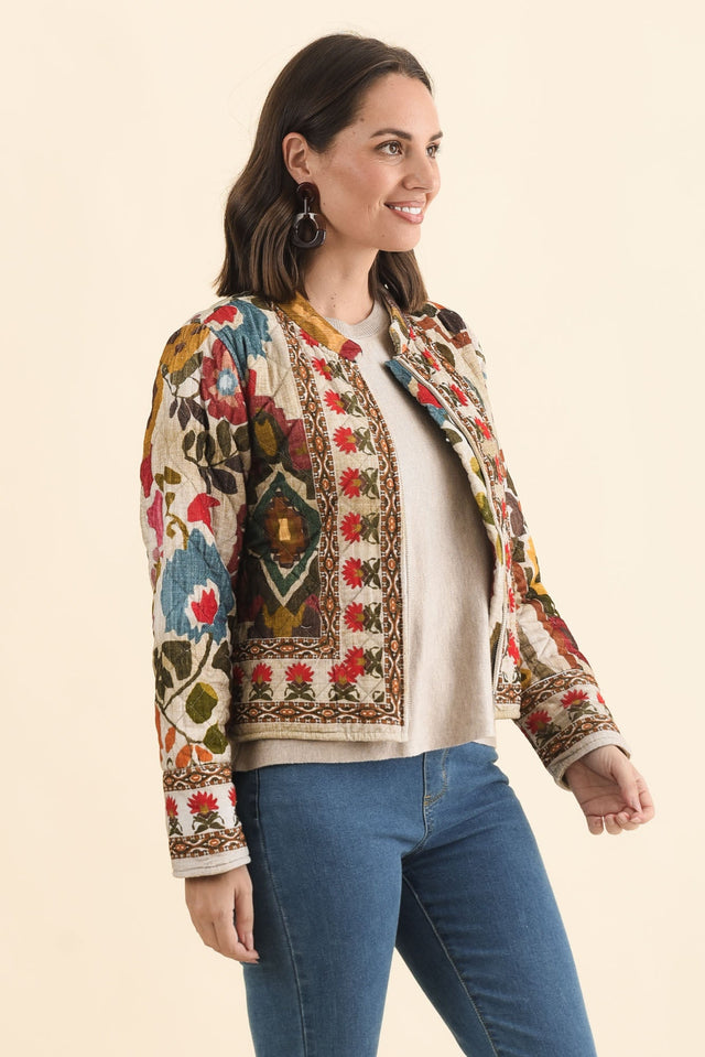 Harmony Taupe Abstract Quilted Cotton Jacket,Brunette model,alt text|model:MJ image 4