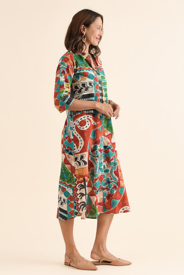 Harna Orange Tropical Organic Cotton Shirt Dress,Side,Brunette model,alt text|model:Cara image 3